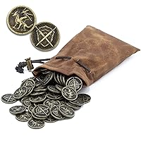 CASEMATIX Metal Coins and Pouch for Tabletop RPG Board Games - 100 DND Coins Fantasy Coins with Dragons & Sword and Shield Engraving, Metal Tokens for Board Games with PU Leather Bag
