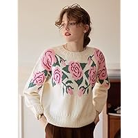 Women's Sweater Floral Pattern Drop Shoulder Sweater Sweater for Women (Color : Beige, Size : Medium)