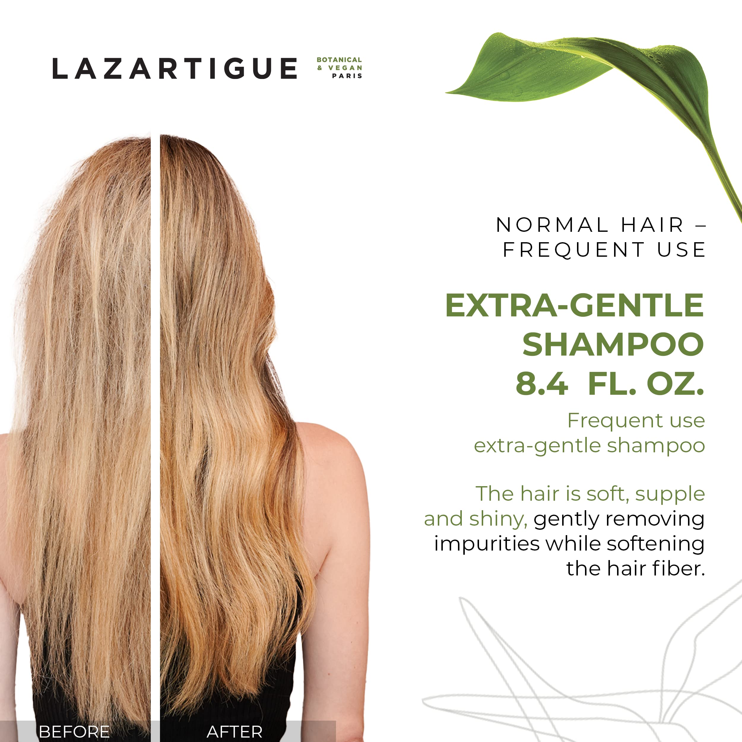 Lazartigue Extra-Gentle Shampoo, Frequent Use Extra-Gentle Shampoo, Cleanses Hair, Gentle on Scalp, Leaves Hair Soft, Supple and Shiny, Perfect for Everyday Usage
