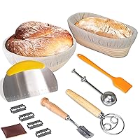Banneton Bread Proofing Baskets, 9 Inch Round & 10 Inch Oval Sourdough Baking Basket, Complete Set for Bread Making—Bread Lame, Danish Whisk, Dough Scrapers, Flour & Sugar Sifter, Basting Brush