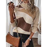 Women's Sweater Colorblock Stand Collar Drop Shoulder Sweater Sweater for Women (Color : Multicolor, Size : Small)