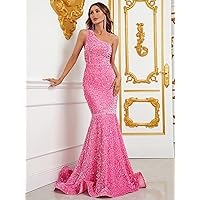 TLULY Dress for Women One Shoulder Mermaid Hem Sequin Formal Dress (Color : Pink, Size : Large)