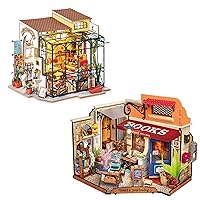 ROBOTIME Miniature House Kit DIY Mini Dollhouse with Accessories Corner Bookstore & Emily's Flower Shop