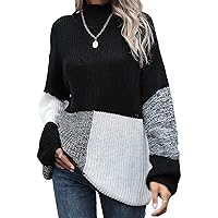Women's Sweaters Casual Long Sleeve High Collar Striped Color Block Patchwork Loose Pullover Ribbed Knit Sweater Tops