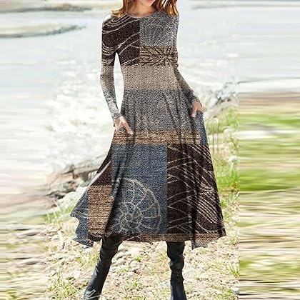 Christmas Party Dress,Casual Fall Winter Long Sleeve Plus Size Formal Ruched Flowy Elegant Vintage Floral Midi Dress