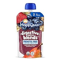 Happy Baby Digestive Support Blends, Organic Stage 2 Baby Food with Prebiotic Fiber, Pear, Blueberries, Strawberries & Oats, 4 Ounce Pouch