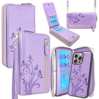 Case Wallet Compatible with iPhone 15 Pro Max 6.7 inch 2023, Crossbody Dual Zipper Detachable Leather Wallet Phone case Cover (Floral Purple)