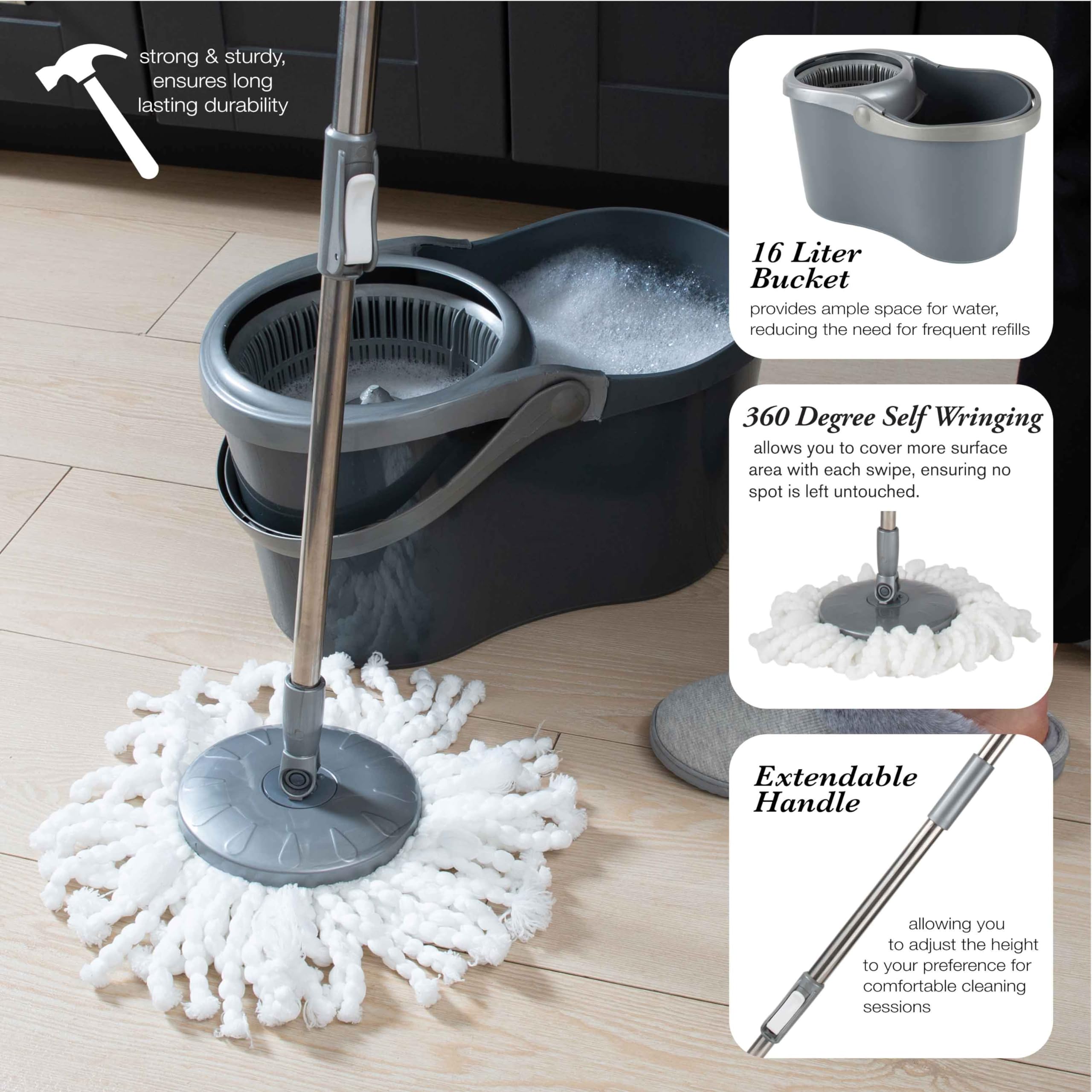 Simplify Self Wringing Mop & Bucket Set, 16 Liter, Grey