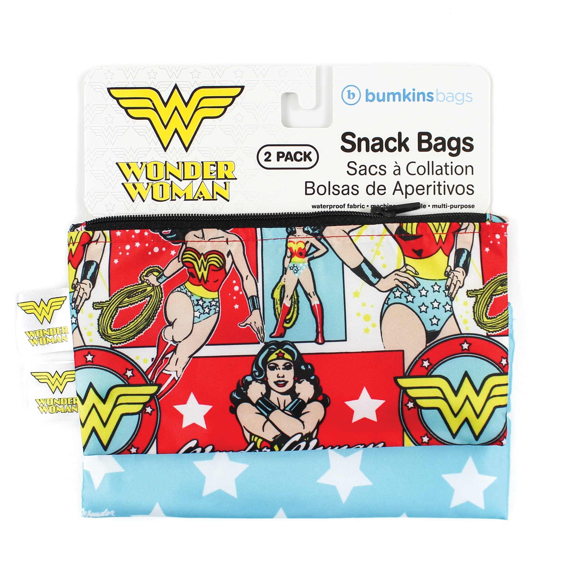 Bumkins Snack Bags, Reusable Fabric, Washable, Food Safe, BPA Free - DC Comics Wonder Woman, (Pack of 2)