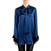 Just Cavalli Women's Navy Blue Bow Decorated Ruffled Blouse Top US XS IT 38