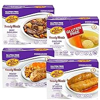 Kosher for Passover Gluten Free Meals, Matzo Ball Chicken Soup + Beef Goulash + Roast Chicken + Stuffed Cabbage (4 Pack Variety) MRE Meat Ready to Eat, Prepared Entree Fully Cooked, Shelf Stable Food