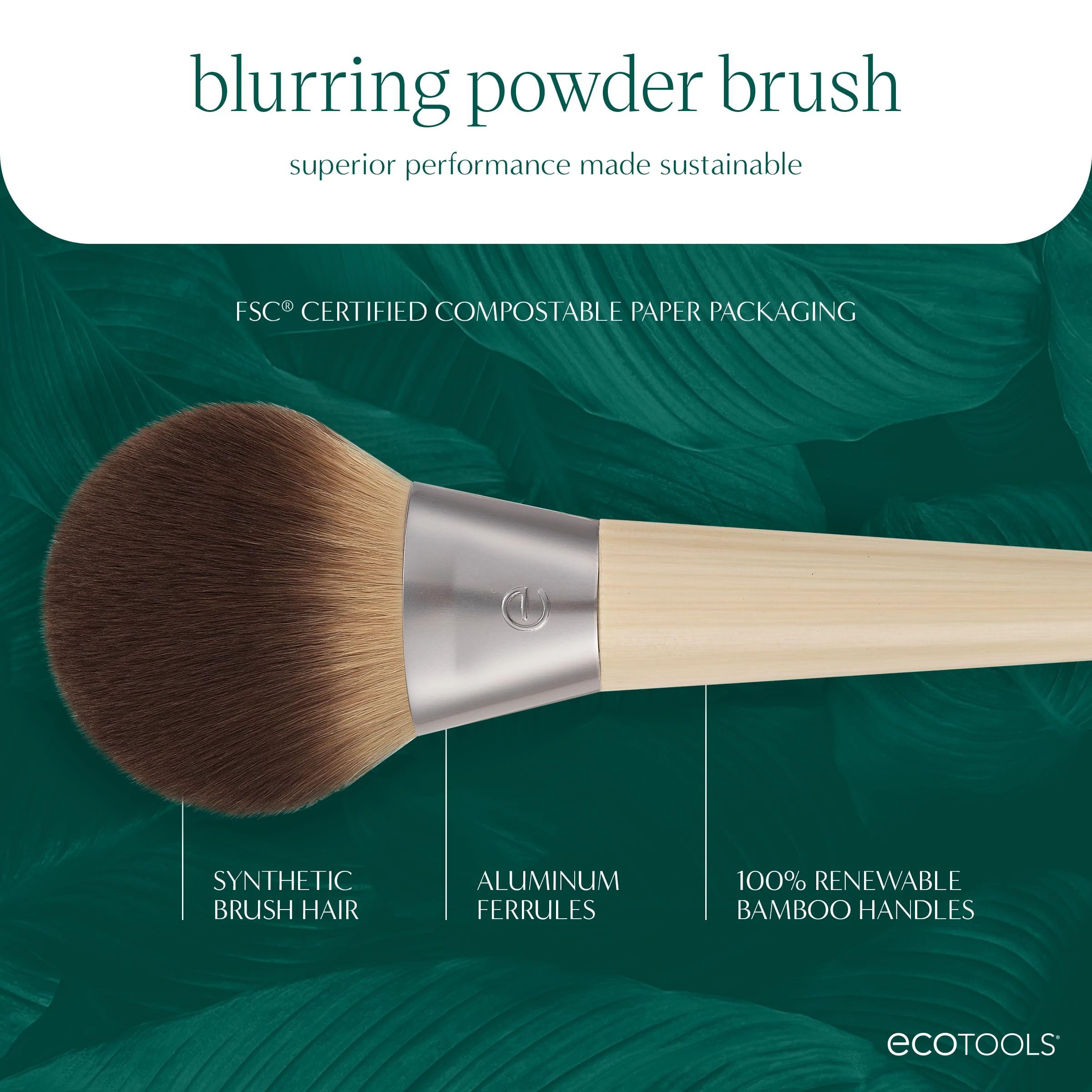 EcoTools Blurring Powder Makeup Brush, For Loose & Pressed Powder, Large Makeup Brush For All-Over Application, Fluffy, Synthetic Bristles, Eco Friendly, Cruelty-Free, & Vegan, 1 Count