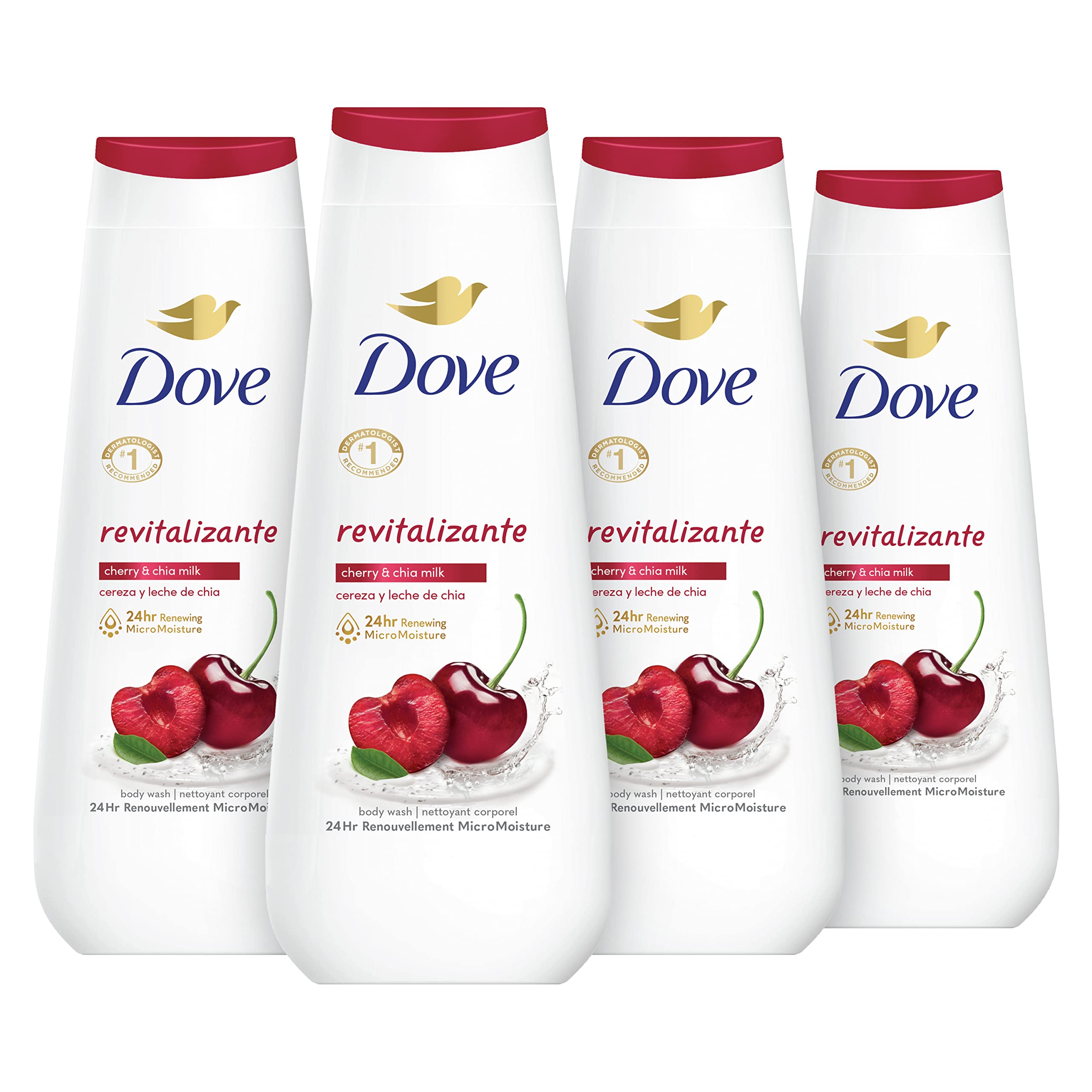 Dove Body Wash Revitalizante Cherry & Chia Milk 4 Count for Renewed, Healthy-Looking Skin Gentle Skin Cleanser with 24hr Renewing MicroMoisture 20 oz