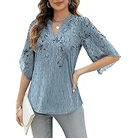 LUYAA Women's 3/4 Sleeve Blouses Tops V Neck Casual Dress Double Layers Mesh Loose Fit Tunic Shirts