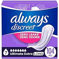 Always Discreet Adult Incontinence Pads for Women, Ultimate Extra Protect Absorbency, Long Length, Postpartum Pads, 104 CT
