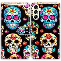 RFID Blocking Case for Samsung Galaxy A15 5G,Sugar Skulls Flowers Leather Flip Phone Case Wallet Cover with Card Slot Holder Kickstand for Samsung Galaxy A15 5G