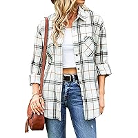 Womens Casual Oversized Flannel Plaid Button Down Long Sleeve Shirts Fashion Blouse Tops with Pocket