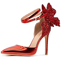 Gold High Heels Butterfly Back Sexy Stiletto Pumps Closed Toe Sparkly Ankle Strap Heels Sandals Dress Shoes for Women
