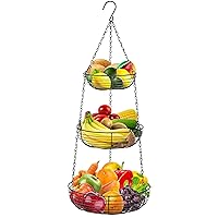 Heavy Duty 3-Tier Hanging Fruit and Vegetable Basket with 2 Metal Ceiling Hooks, Black