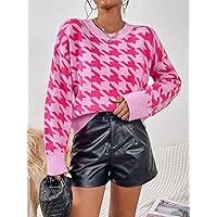 Women's Sweater Houndstooth Pattern Drop Shoulder Sweater Sweater for Women (Color : Hot Pink, Size : Large)