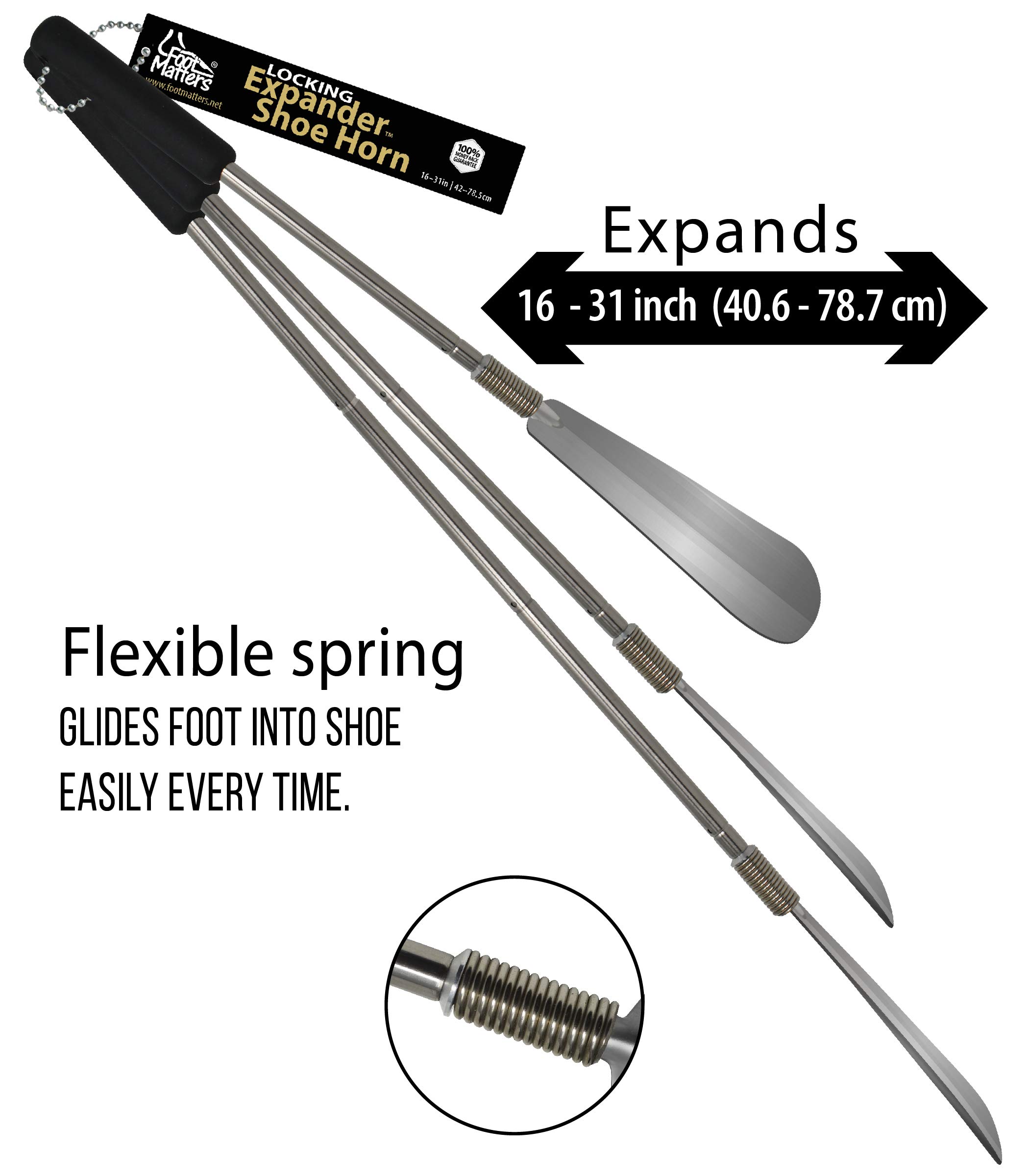 FootMatters Expander Shoe Horn Extra Long Handle - Twist to Lock - Extends 16 to 31 inches