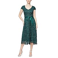 Alex Evenings Women's A-line Stretch Embroidered Dress with Tie Belt