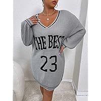 Women's Sweater Dress 2022 Women's Plus Letter Pattern Striped Trim Drop Shoulder Sweater Dress Sweater Dress (Color : Gray, Size : 3X-Large)