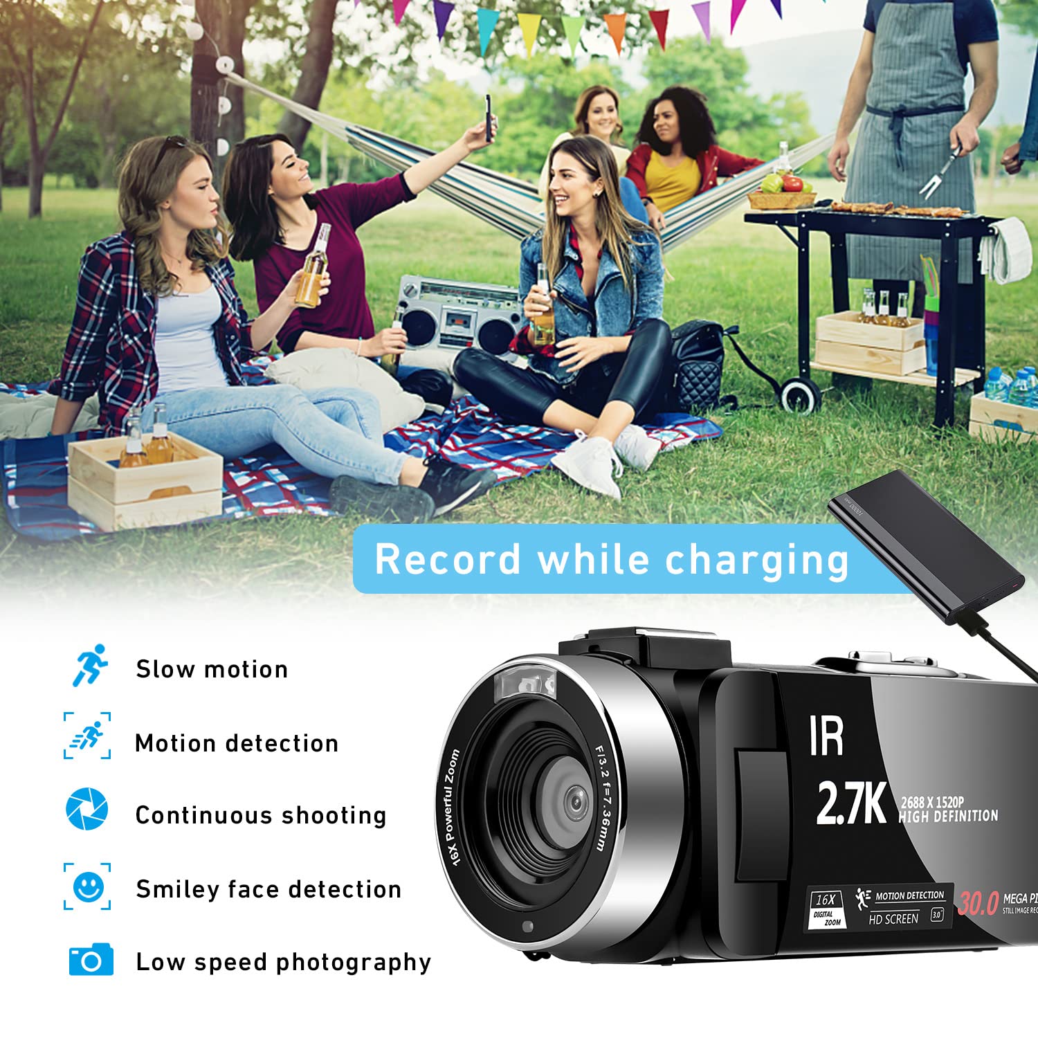 ZOLAMENTE Video Camera, Camcorder 2.7K 30FPS, 16x Digital Zoom YouTube Camera, Infrared IR Night Vision Camcorder Camera, 3.0
