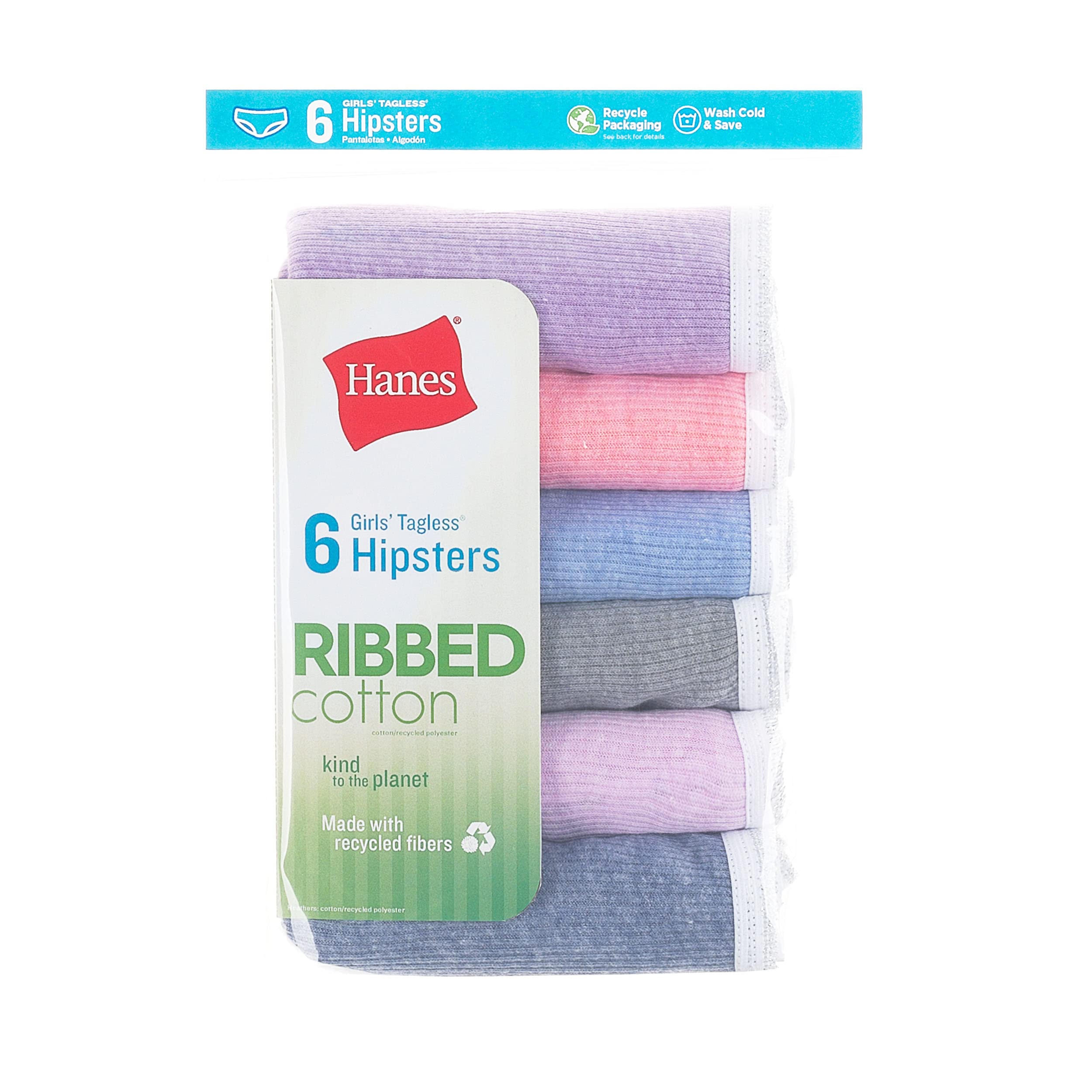 Hanes Girls' Underwear, Ribbed Moisture-Wicking Tagless Panties, Hipster & Brief, 6-Pack