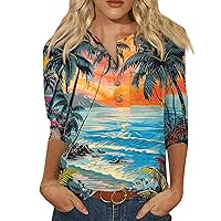 Business Casual Outfits for Women,Womens 3/4 Sleeve Tops Retro Print Button Top Graphic Tees for Women