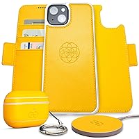 Dreem Bundle: Fibonacci Wallet-Case for iPhone 14 Plus with Om Case for AirPods Pro 2 and Empower Wireless Charger Pad [Yellow]
