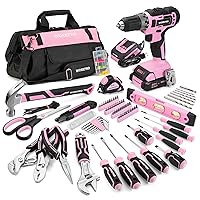 WORKPRO Pink Drill Set with UPGRADED Tool Bag, 157PCS Tool Kit For Home with 20V Cordless Drill Driver, Household Pink Tool Set including Screwdriver, Hammer, Tool Kit for Women and Men-Pink Ribbon