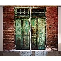 Ambesonne Rustic Curtains, Rusty Old Door of Red Brick Wall House Dirty Doorway Front Exist Retro Art Architecture Streets Photo, Living Room Bedroom Window Drapes 2 Panel Set, 108