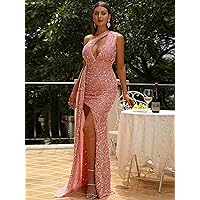Summer Dresses for Women 2022 One Shoulder Cut Out Draped Detail Split Thigh Sequins Maxi Gown Dresses for Women (Color : Dusty Pink, Size : Large)