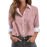 Womens Button Down Shirts Fall Long Sleeve Lapel V Neck Print Blouse Loose Fit Fashion Office Work Tops Casual Basic Tee