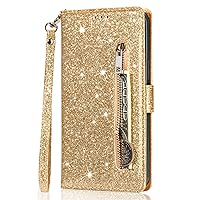 XYX Wallet Case for Samsung Galaxy A14 5G, Luxury Glitter Zipper Purse PU Leather Flip Phone Cover with Wrist Strap Stand Protective Case, Golden