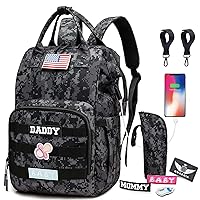 QWREOIA Diaper Bag Backpack with USB Charging Port Stroller Straps and Insulated Pocket,Tactical army military Travel Baby Nappy Backpack for Dad/Mom (DADDY and MOMMY patches)