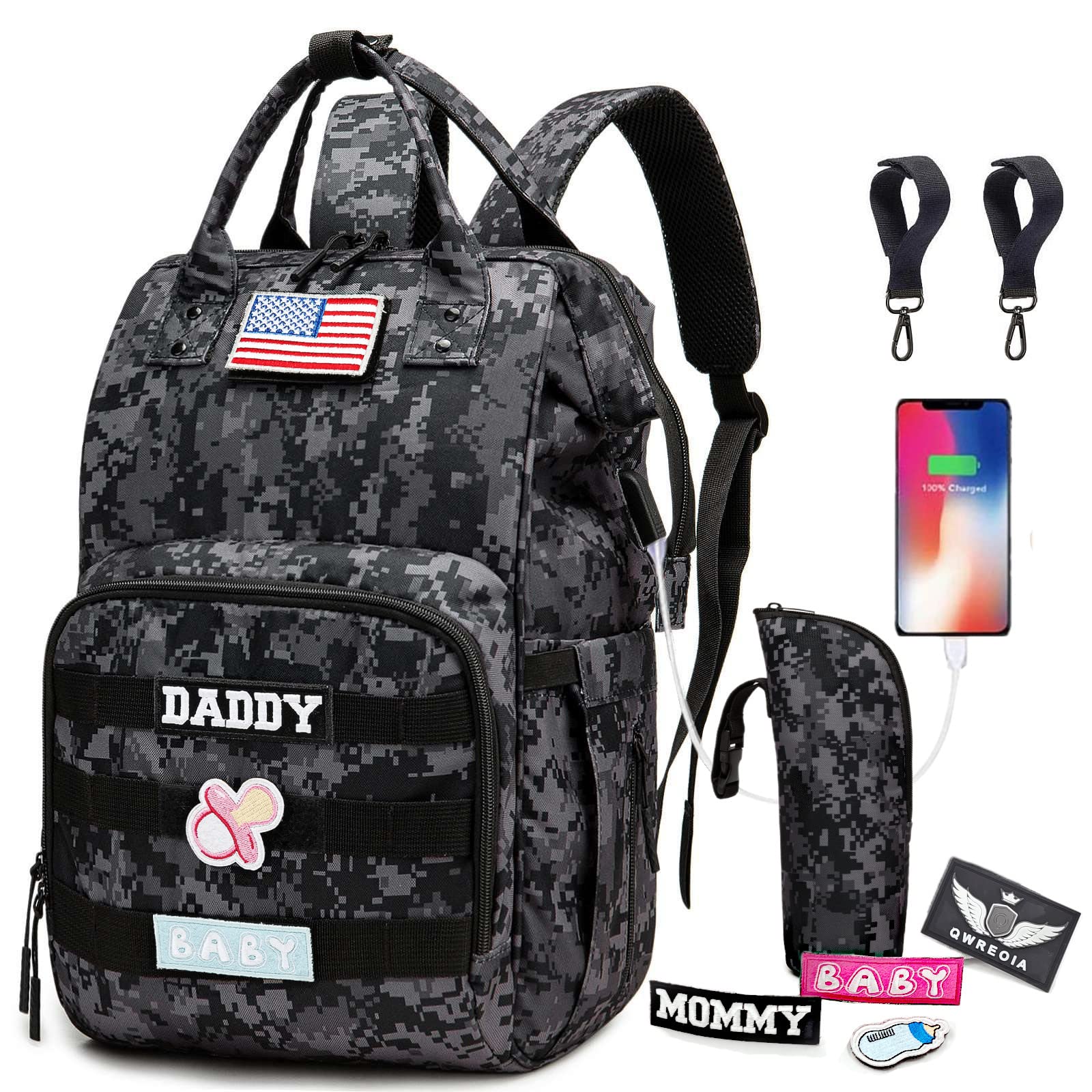 QWREOIA Camo Diaper Bag Backpack with USB Charging Port Stroller Straps and Insulated Pocket,army military Travel Nappy Backpack for Dad/Mom (DADDY and MOMMY patches)