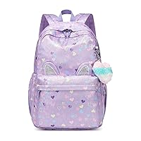 Kids Backpack Girls Light Purple Waterproof Large Space School Backpack Suitable for Age for Over 6 years old Lightweight Travel Cat Ear Heart Keychain Children Backpack（Light Purple Peach Heart）
