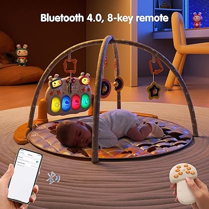 TUMAMA Remote Control Baby Play Mat Large, Tummy Time Mat with Piano, Baby Activity Mat with 4pcs Hanging Baby Rattle, Baby Gym with Lights and Music, Newborn Toys Unisex