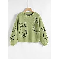 Women's Sweater Cat Pattern Drop Shoulder Sweater Sweater Sweater (Size : Large)