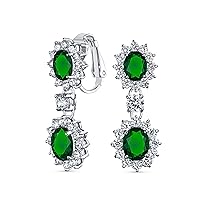 Vintage Style Bridal Simulated Gemstone Statement Pave Crown Halo Cubic Zirconia AAA CZ Long Dangling Oval Teardrop Chandelier Clip On Earrings For Women Non-Pierced