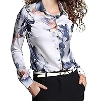 LAI MENG FIVE CATS Women's Shirt Floral Print Long Sleeve Button Down Casual Blouse Top