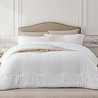 White Queen Comforter Set - 3 Pieces Seersucker Lightweight Bedding Comforter Sets (1 Soft Fluffy Comforter & 2 Pillowcases) - All Seasons Cozy Modern Bed Sets for Women Men