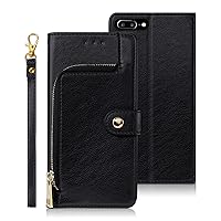 iPhone 7 Plus Case, Compatible for iPhone 8 Plus Phone Cases Wallet Silicone Flip PU Leather Holsters Handbag Cover [Metal Zipper Pocket] Magnetic Closure Card Slot Holder Wrist Strap, Black