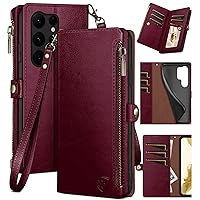 XcaseBar for Samsung Galaxy S24 Ultra Wallet case with Zipper Credit Card Holder RFID Blocking,Flip Folio Book PU Leather Shockproof Protective Cover Women Men Samsung S24Ultra Phone case Wine Red