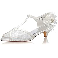 JIAJIA 01135 Women's Bridal Shoes Peep Toe T-Strap Low Heel Lace Satin Flower Pumps Wedding Shoes