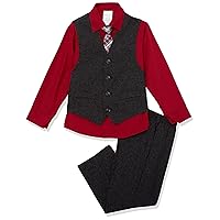 Van Heusen Boys' 4-Piece Formal Suit Set, Vest, Pants, Collared Dress Shirt, and Tie, Black Check, 2T