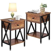 VECELO Modern Nightstands X-Design Side End Table Night Stand Storage Shelf with Bin Drawer for Living Room,Bedroom,Lounge,Set of 2, Rustic Brown A2