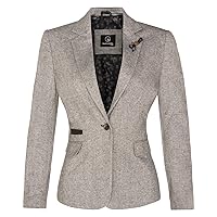 Women's Tweed Herringbone Classic 1920s Formal Wool Tailored Blazer with Elbow Patches